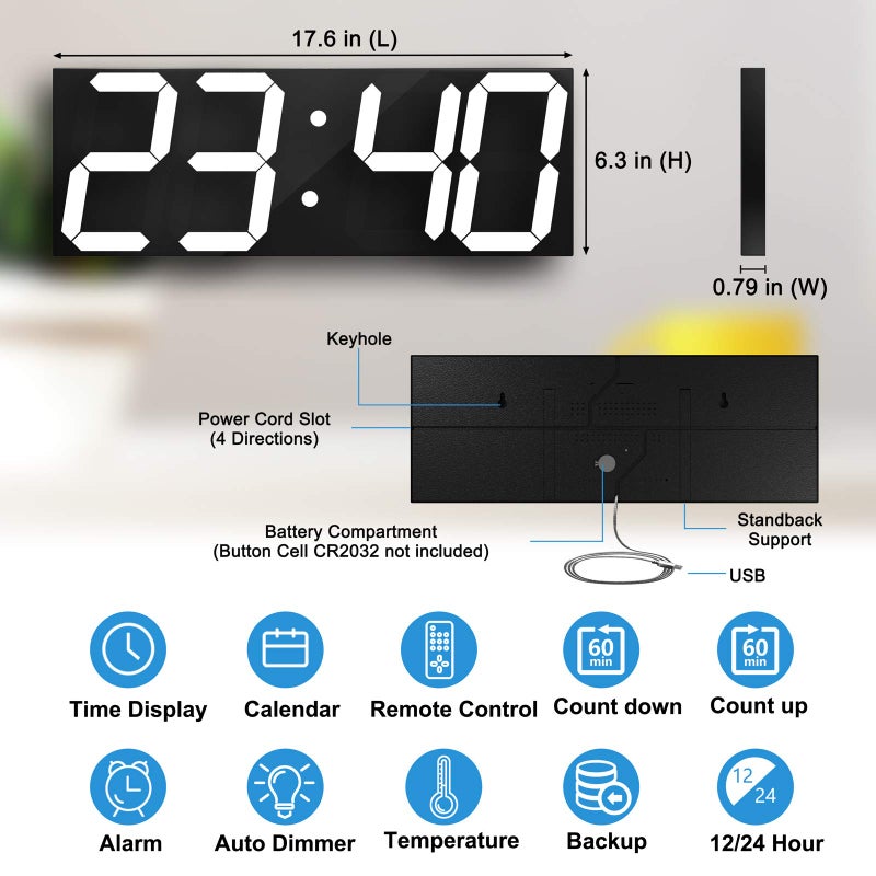 CHKOSDA LED Large Digital Wall Clock, Oversize Wall Clock with 6â€ Numbers, Remote Control Count up/Countdown Timer Clock, Auto Dimmer, Big Calendar and Thermometer(White) - Image 2